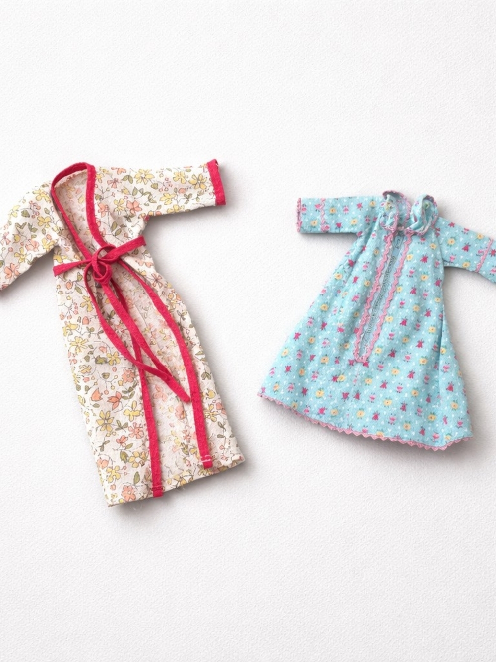 Vintage Doll Clothes Handmade Floral Robe & Light Blue Nightgown Doll Outfit Set